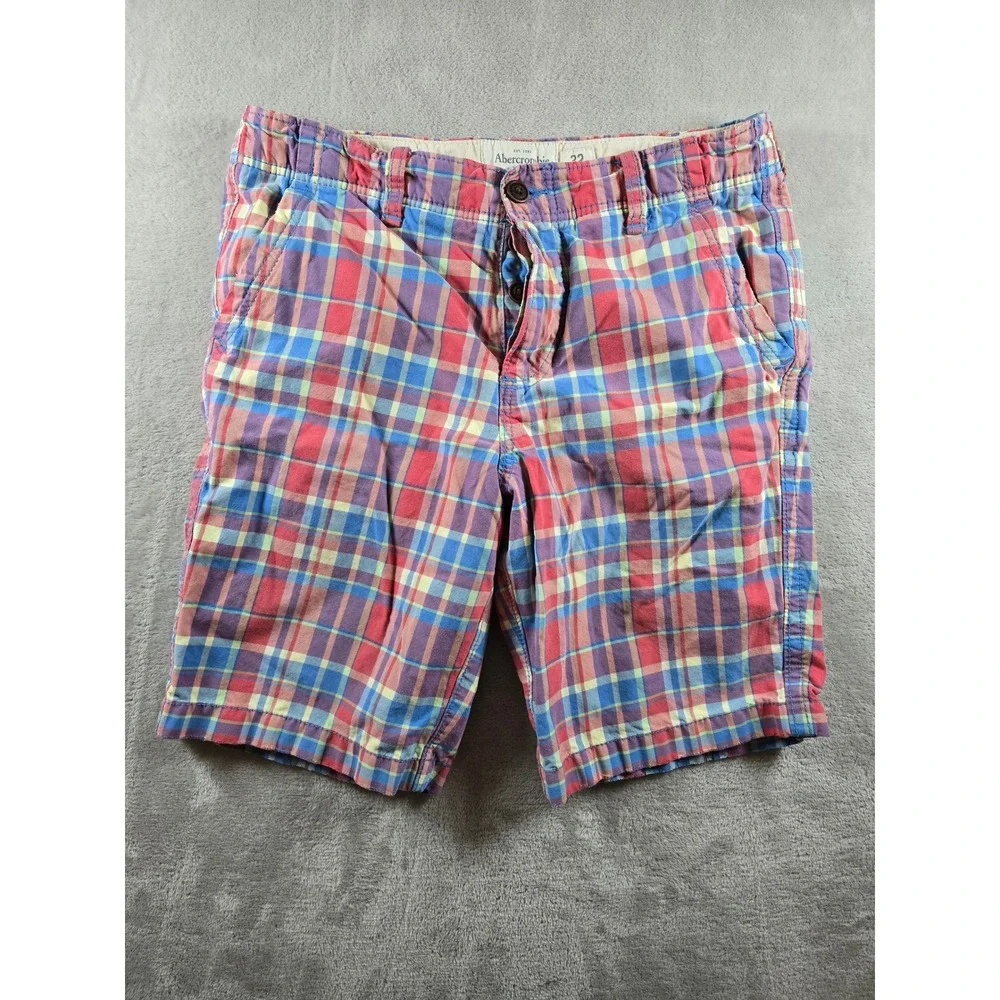 Abercrombie & Fitch Plaid Chino Shorts Mens 32 Red Blue Button Fly 10